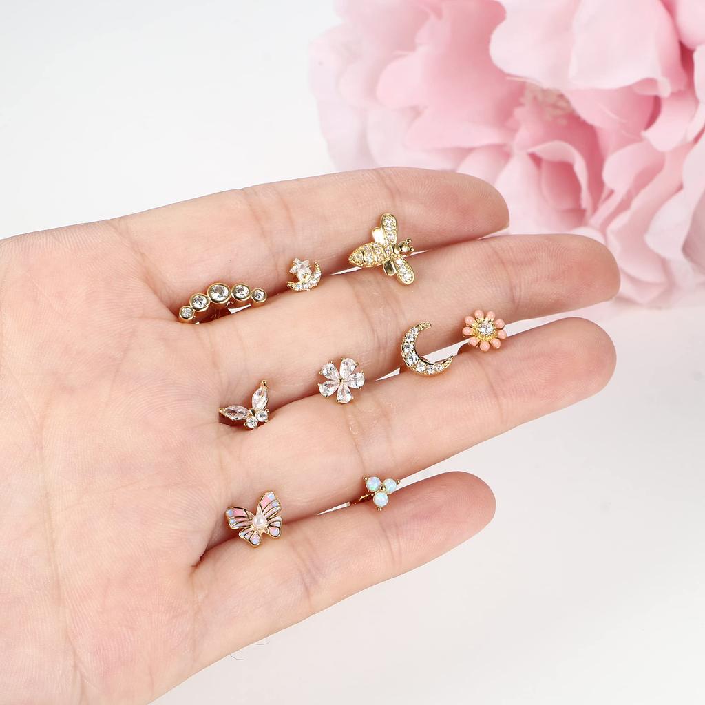 Drperfect 1 szt. Kolczyk do chrząstki ucha Stud dla kobiet Stal chirurgiczna Kolczyk z płaskim tyłem Kolczyk do przekłucia ucha Tragus Helix w kształcie motyla i kwiatu