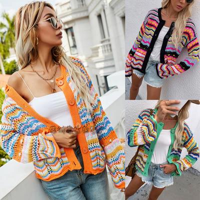 Pull rayé pour femme, ample et décontracté, tricoté arc-en-ciel, Cardigan, automne et hiver