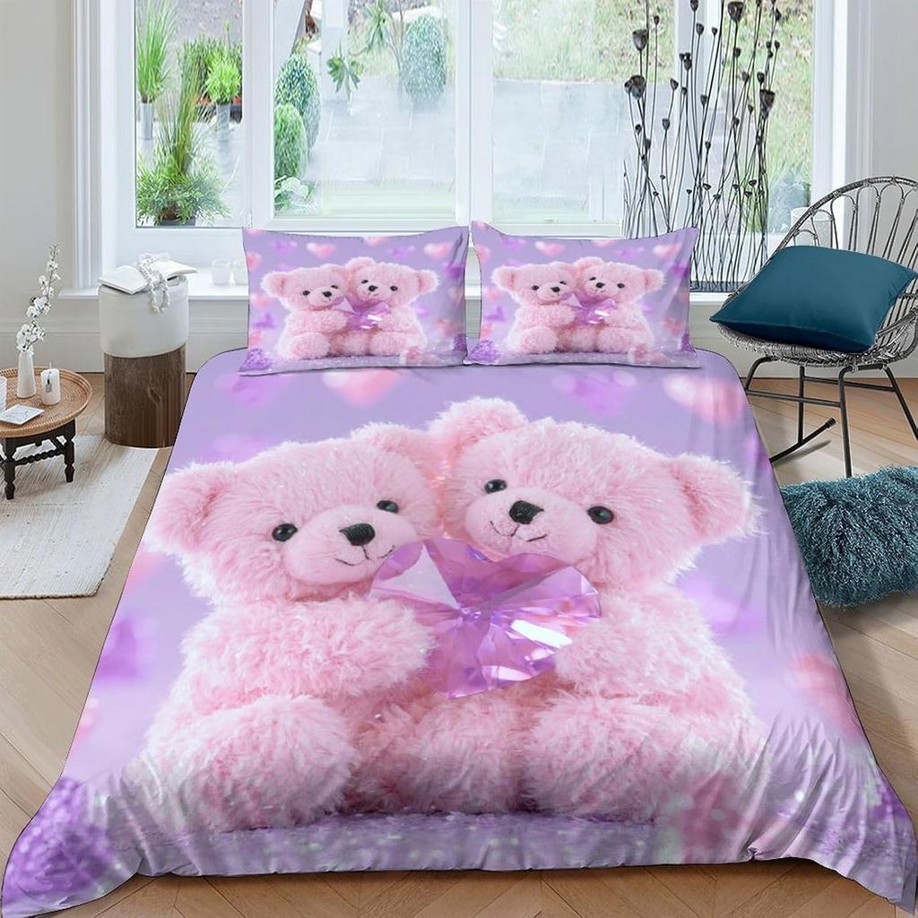Teddy Bear Cute 3D Printing Duvet Cover Set, Microfibre Children's Room Decor Duvet Insert Cover and Pillowcases Home Decor