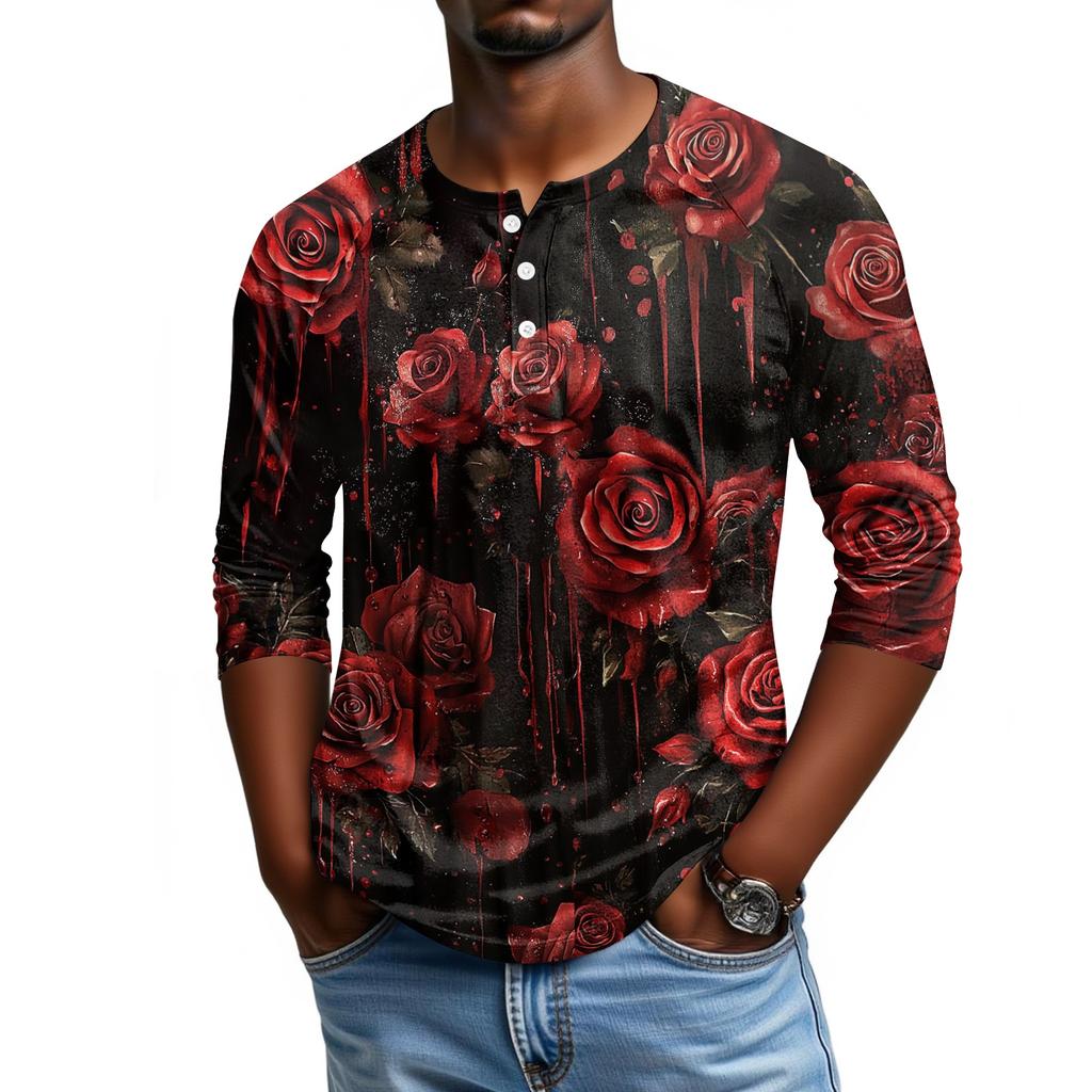 Men's Casual Halloween Print Raglan Sleeve Henley Shirt Three Quarter Sleeve Lightweight Top for Everyday Wear