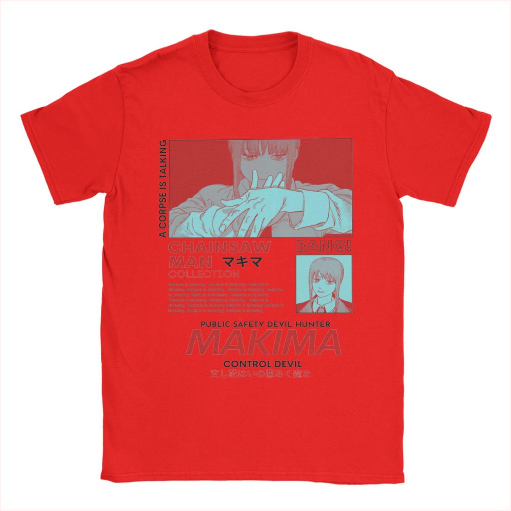 Makima Red Chainsaw Man Men T Shirt Anime Fashion Tees Short Sleeve Crewneck T-Shirts Pure Cotton Birthday Gift Clothing