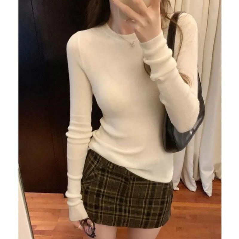 

Женские тонкие трикотажные изделия, однотонные, милые свитера, винтажная уличная одежда, пуловеры, эстетическая одежда, осенне-зимние майки с круглым вырезом S белый