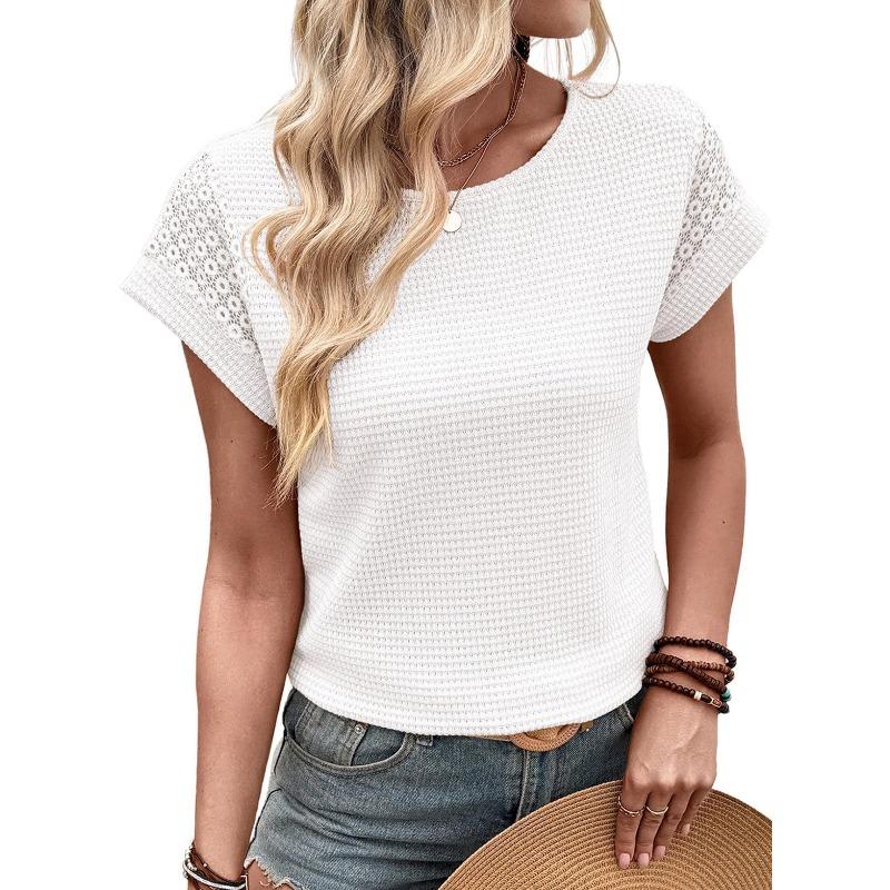 IHUASU Women's Fashion Casual O-Neck Short Sleeve Blouses & Shirts