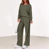 Women's V Neck Long Sleeve Ribbed Knit Top Wide Leg Pants 2 Piece Loungewear Set