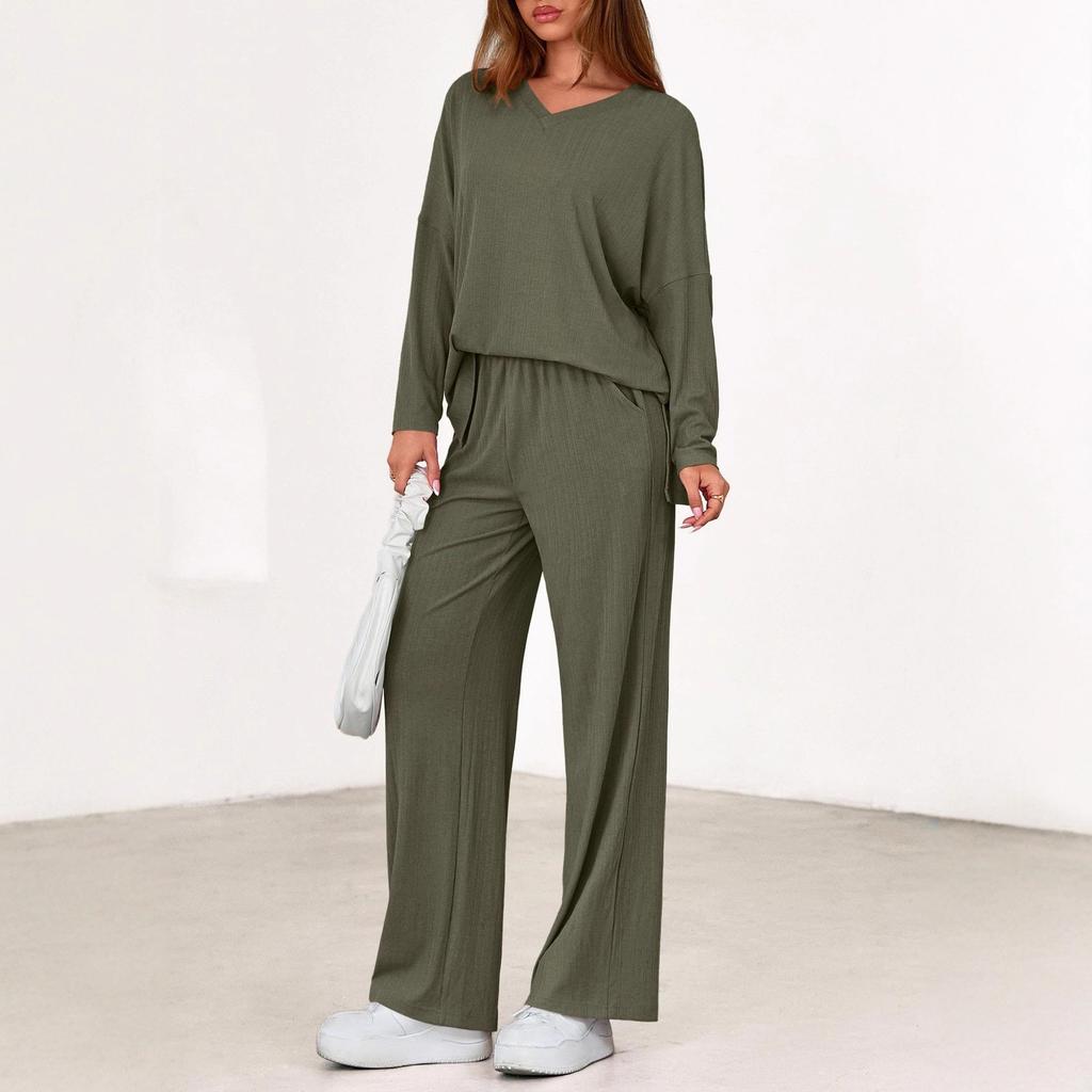 Women's V Neck Long Sleeve Ribbed Knit Top Wide Leg Pants 2 Piece Loungewear Set
