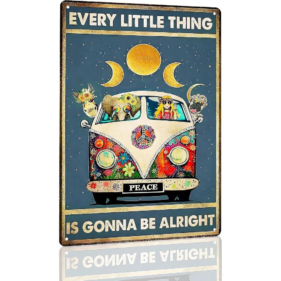 WTREEW Retro Hippie Decor Wall Art Poster - Every Little Thing Is Gonna Be Alright Vintage Metal Sign Peace Wall Decor