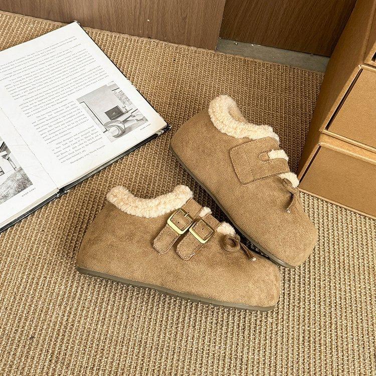 Plush thick-soled Birkenstock fluffy shoes, new soft-soled plush cotton shoes, winter bow fluffy snow boots 35