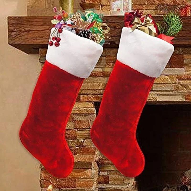 42Cm Christmas Stockings White Plush Cuff Hanging Socks Personalized Gift Bag Stocking Decorations Season Fireplace Decor