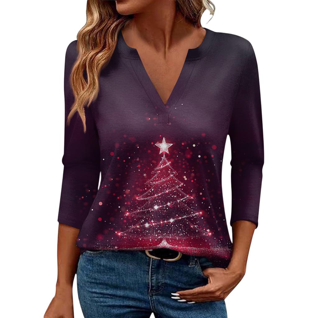 Women's Casual Fashionable Sexy Comfortable V-Neck Christmas Three-Quarter Sleeve Top