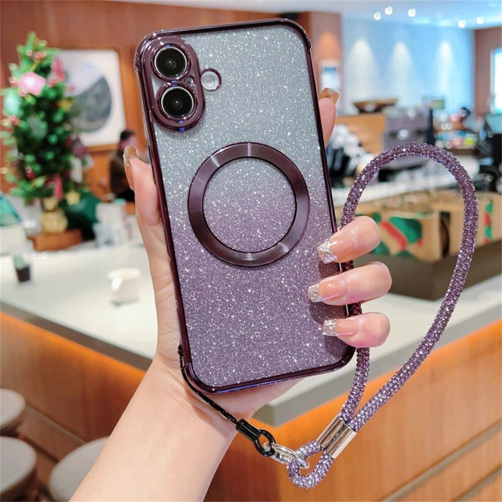 

For iPhone 16 Case Compatible with MagSafe Electroplated Gradient Glitter Phone Cover with Lanyard D