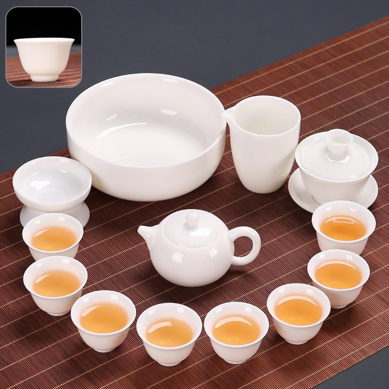 Suet Jade Kung Fu Tea Set Home Living Room Office Light Luxury Tea High-end Gift Box Cover Bowl Teacup Complete Set