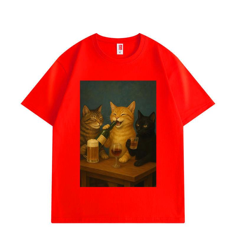 Funny Drinking Cat Meme Graphic T-shirts High Street Fashion Trend Short Sleeve T Shirts Men Women Casual Loose T-shirt