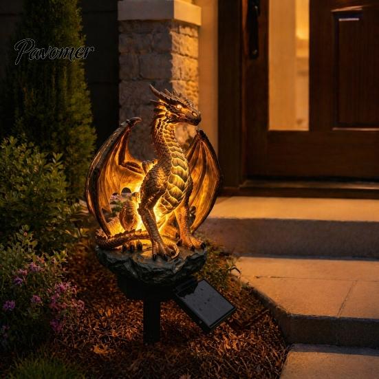 Fantastyczna Rzeźba Ogrodowa ze Światłem Smoka, Solarna Lampa Ogrodowa, Zewnętrzna Gotycka Średniowieczna Statua Lampy, Wodoodporna do Dekoracji Patio Trawiastego Żywicą, Chodnika
