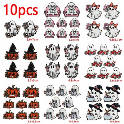 Lots de 10 pièces Patchs Brodés Thermocollants Tête de Citrouille Horrible Pour Vêtements Vestes Chapeaux Coudre Fantôme Dessiné Sur Autocollants Badges