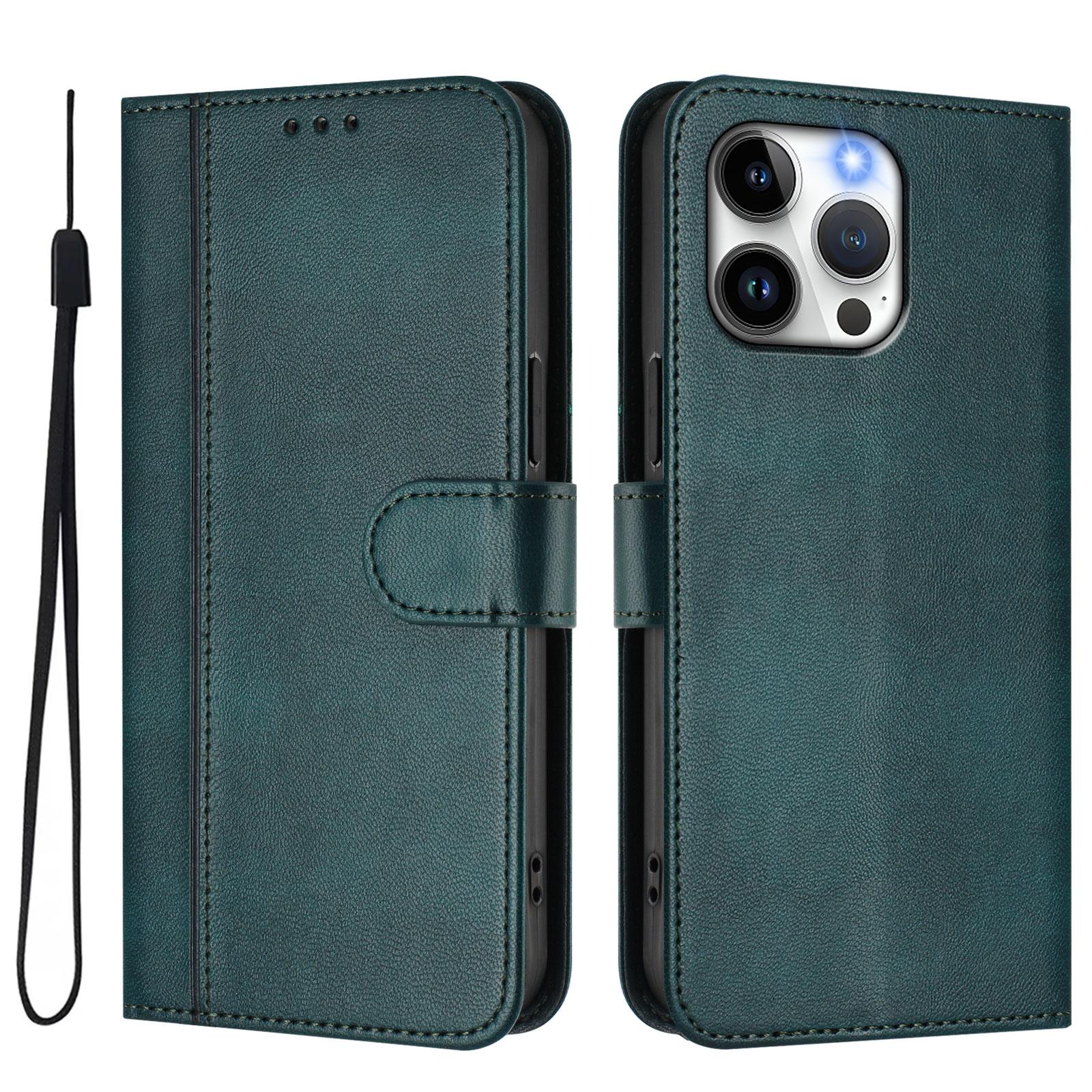

For iPhone 15 Pro Max Cases Wallet Stand Retro Texture Leather Phone Cover with Lanyard Dark Green