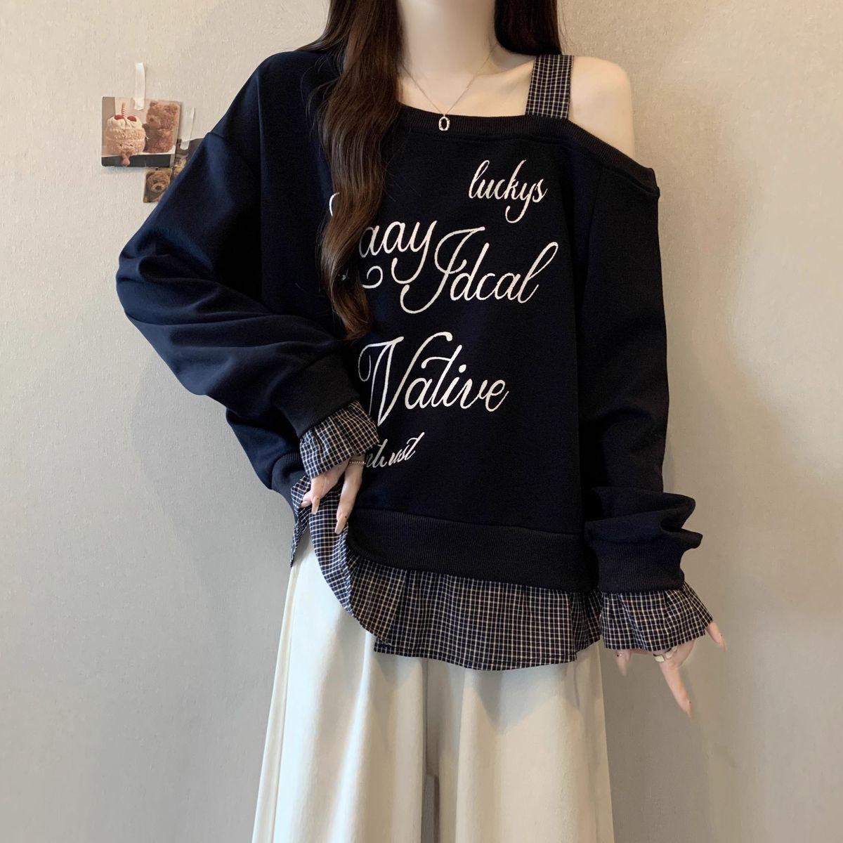 Plus Size Plaid Off-Shoulder Two-Piece Look Long Sleeve Sweatshirt for Women - Slimming Flaw-Hiding SpringAutumn Top 2XL suggested 141-160 jin синий 1190₽
