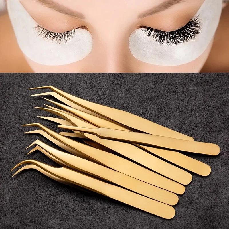 1PC Gold Stainless Steel Precision Curved Tip Tweezers,Professional Eyelash Extension Applicator Lash Makeup Supplies