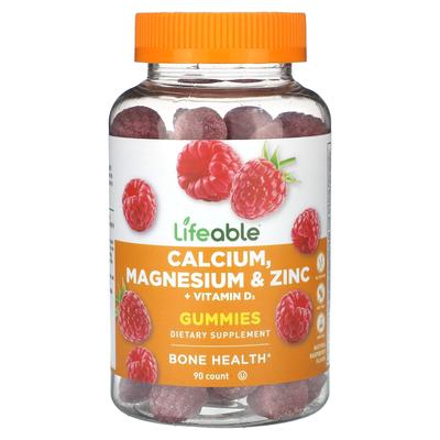 Calcium-, Magnesium- und Zink- + Vitamin-D3-Gummibärchen, natürlicher Himbeergeschmack, 90 Gummibärchen