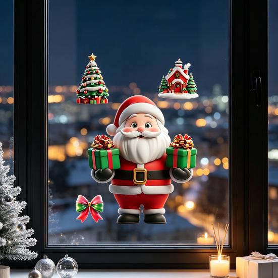 Static Cling Decals Christmas Window Clings, Reusable with Santa Snowman Snow Removable House Designs, Double Sided Glass Stickers for Holiday