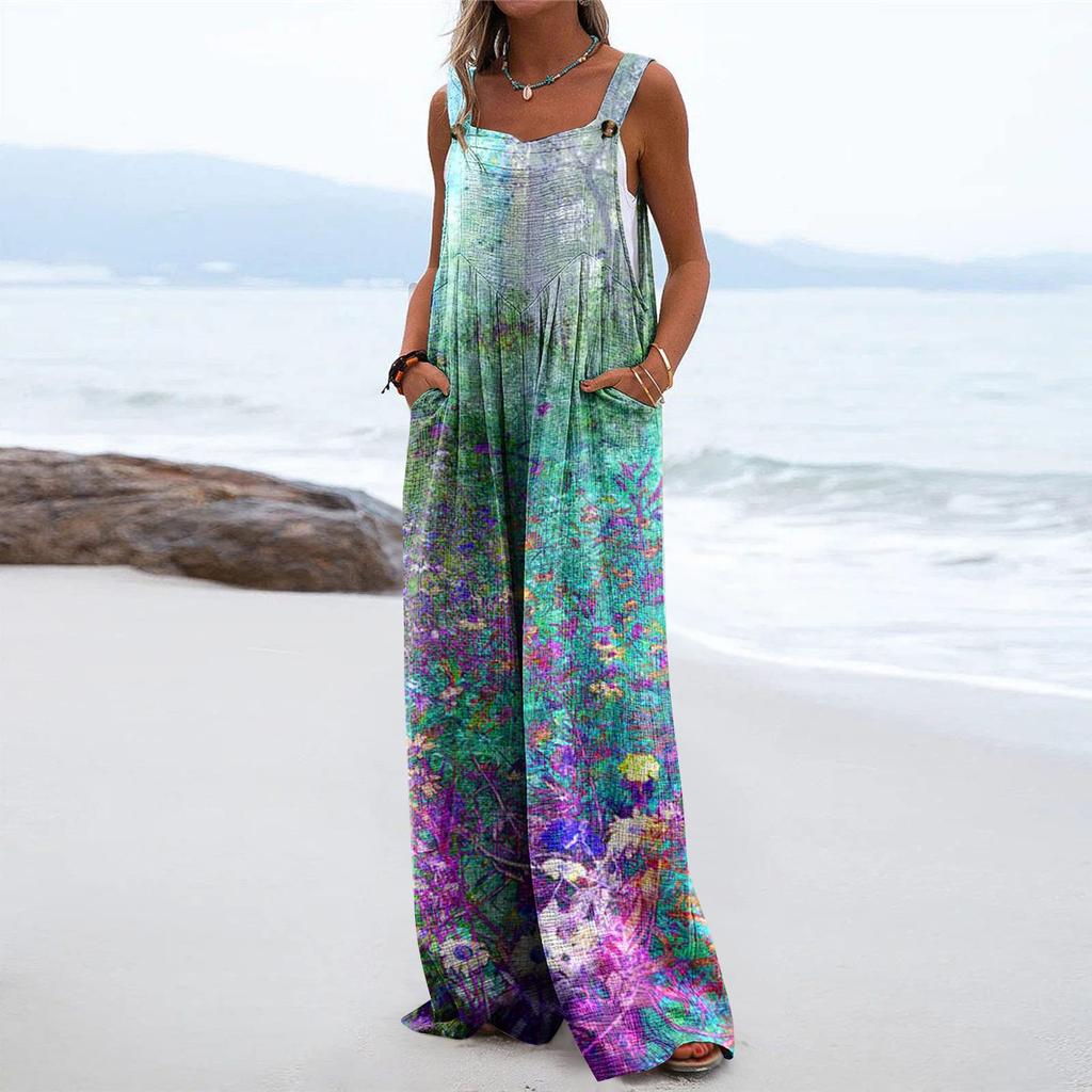 Women's One-Piece Button Up Jumpsuit Casual Loose Sleeveless Rompers With Pockets