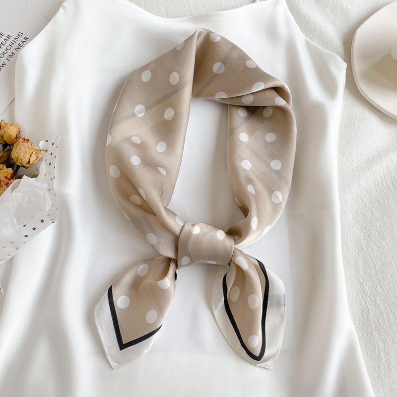 Women Lightweight Elegant Polka Dot Knotted Silk Small Square Scarf Summer Spring Elegant Neckerchief Satin Head Scarf