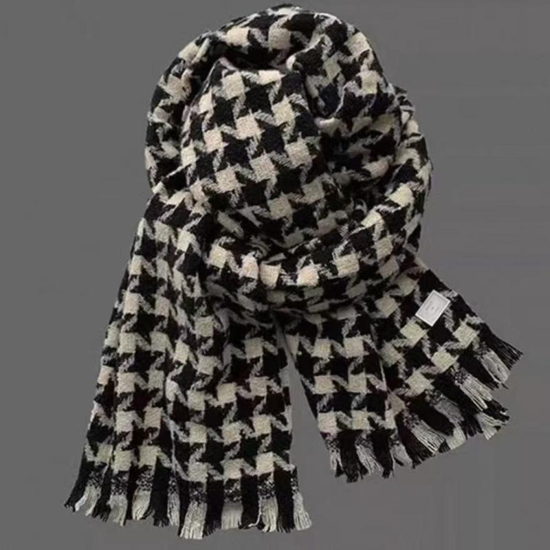 Black And White Plaid Printed Scarf Women'S Autumn And Winter Polyester Fiber Scarf Fashionable And Versatile Warm Neck Shawl