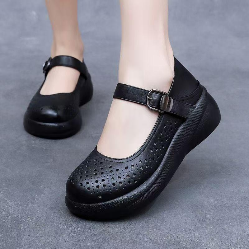 Shallow mouth hole sandals women's spring and summer new muffin thick-soled wedge heel round head elegant retro style soft-soled single shoes