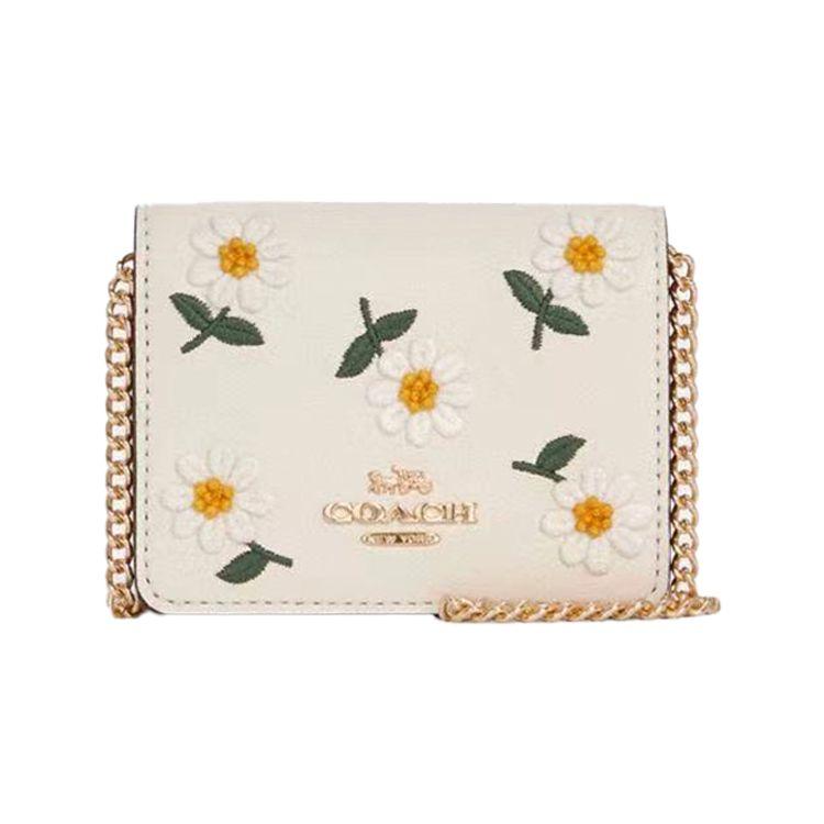 Coach Mini Daisy Embroidered Chain Print Leather Shoulder Crossbody Clutch Wallet Women bags White C3058-IMCAH Basic Set (Bag+Dust Bag)