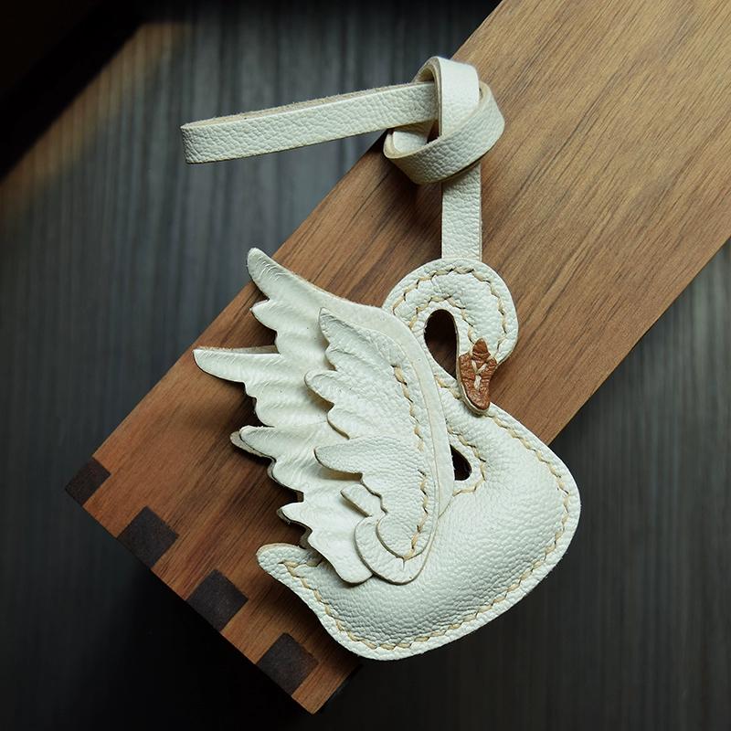 Black and White Swan, Original Design, Genuine Leather Car Key Bag Pendant, Handmade Personalized Gift, Female Keychain.