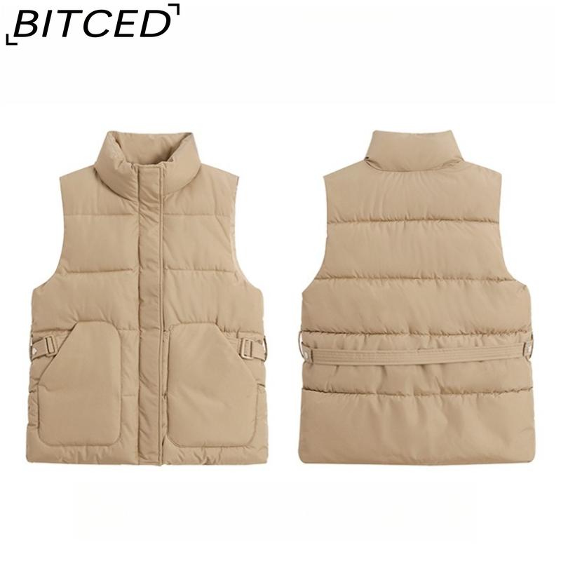 BITCED Autumn/Winter Women's Fashion Solid-Colour Belted Cotton Jacket, Fashionable Waistcoat, Stand-Up Collar Puffer Coat
