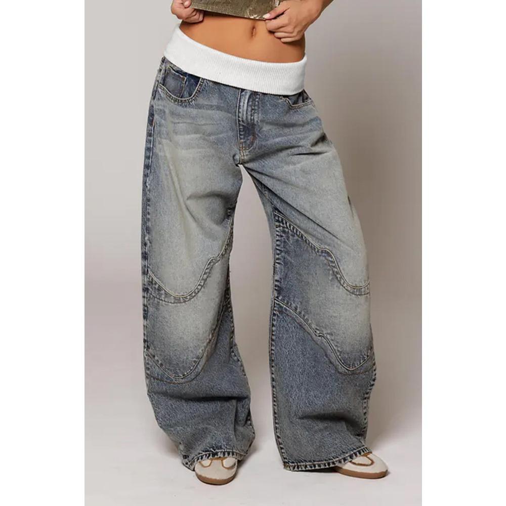 Women s Mid Rise Flare Jeans Loose Streetwear Patchwork Sand Washed Stretch Denim Trousers S