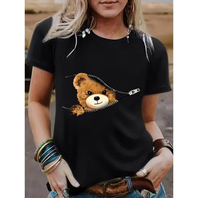 Reißverschluss Bär 3D gedruckt lose Kurzarm Rundhals T-Shirt Damen
