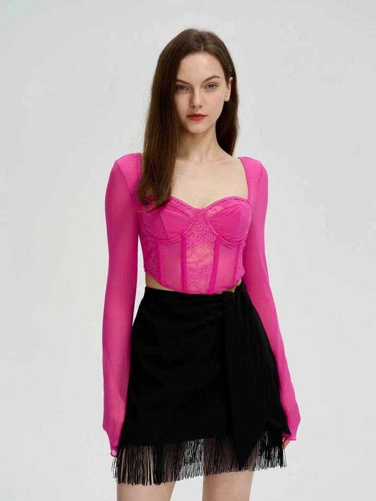 European & American Street Fashion Mesh Lace Slim Square Collar Long-Sleeved Top for Women