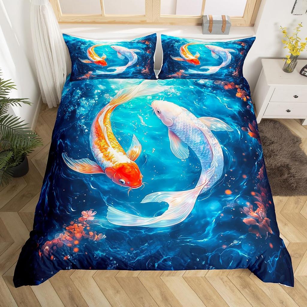 Comforter Japanese Goldfish Fantasy Yin Yang Cherry Blossom Flowers Comforter Set Blue Sea Wave Breathable Bedding