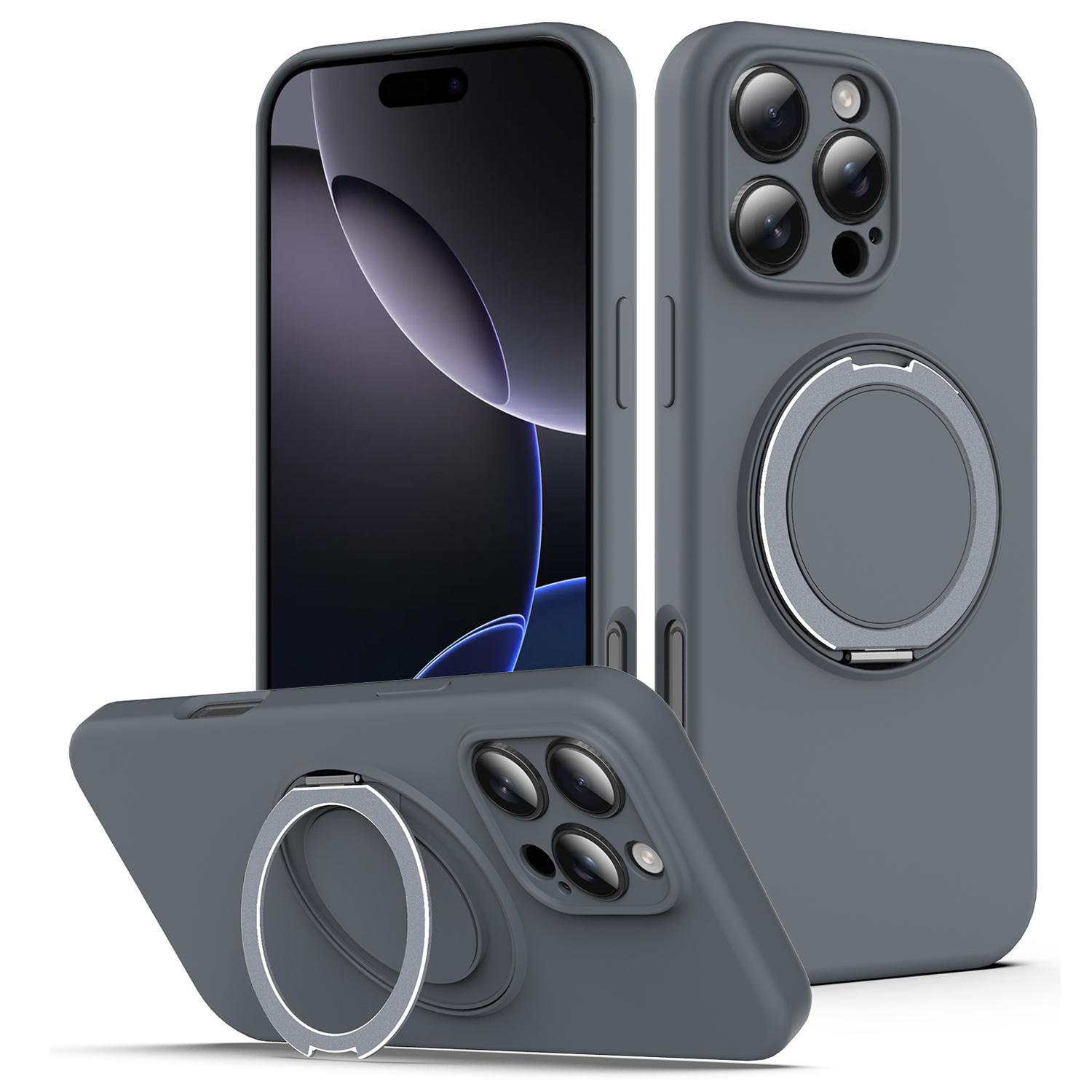 

For iPhone 14 Pro Max Case Compatible with MagSafe Rotating Metal Kickstand PC+Silicone Phone Cover Grey