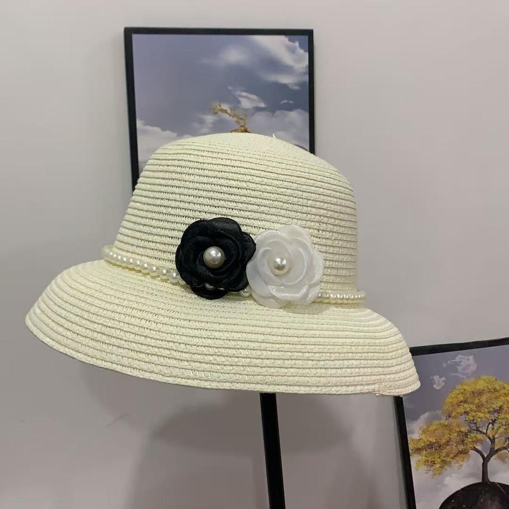 French Hepburn style pearl flower straw fisherman's hat children's sunshade modified face sunscreen hat sun hat self-operated