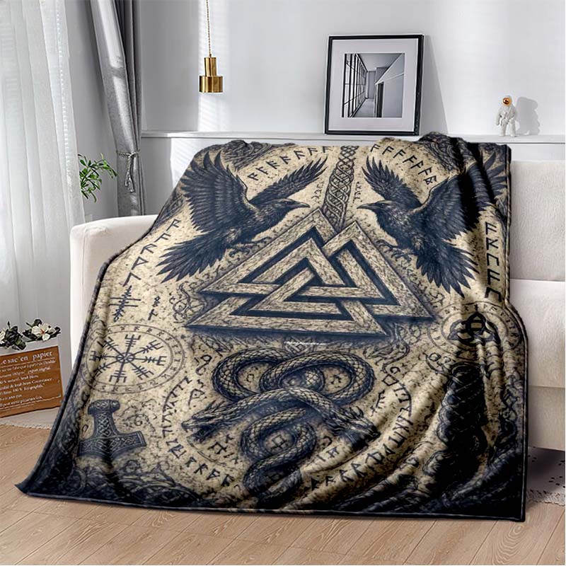 Odin Norse God Fleece Blanket, Viking Odin on Yggdrasil Throne with Wolves and Ravens Print Throw Blanket, Soft Blanket for Sofa Bedroom Decor