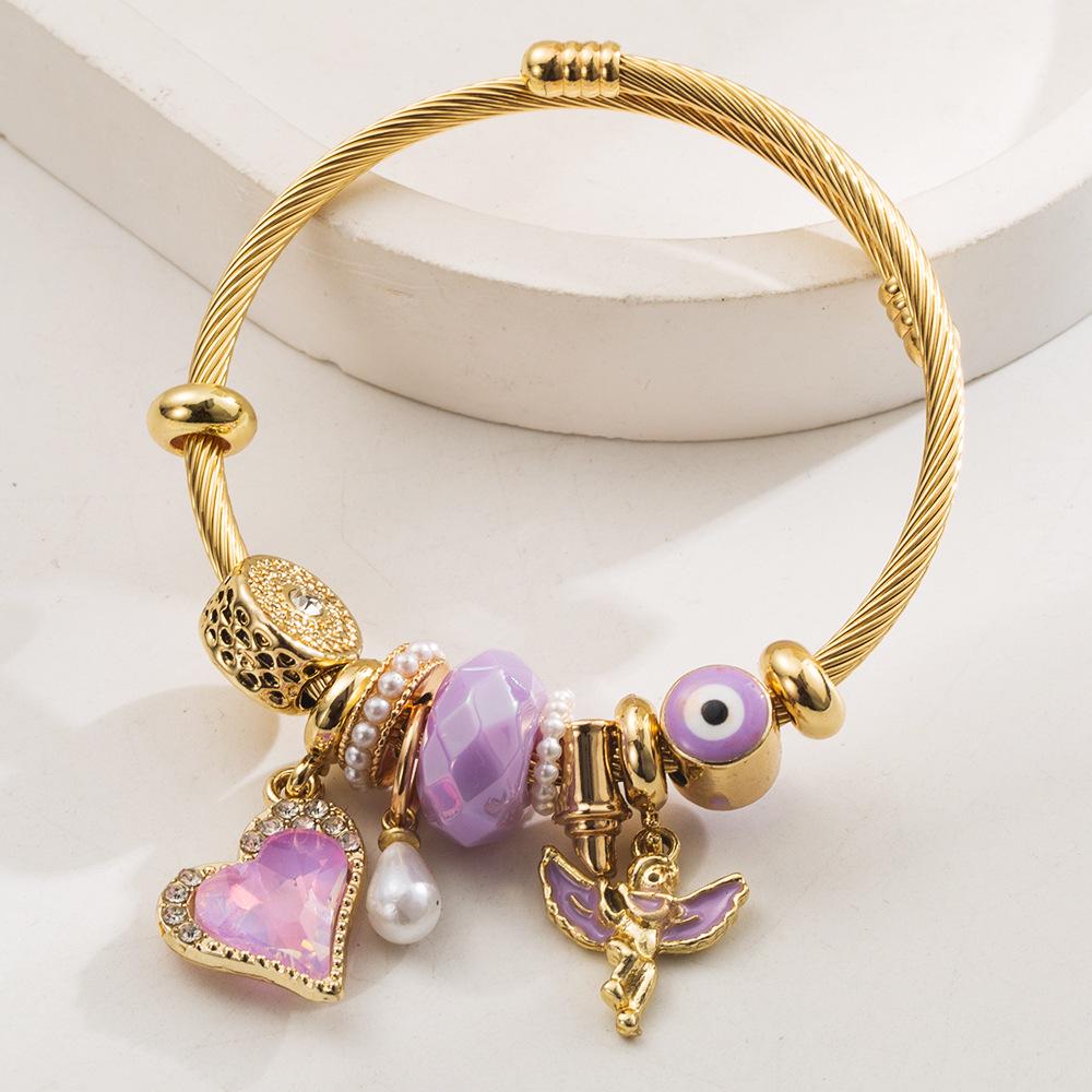 Panjia Dora Stainless Steel Love Heart Angel Bangle for Women - DIY Handmade Beaded Alloy Accessories