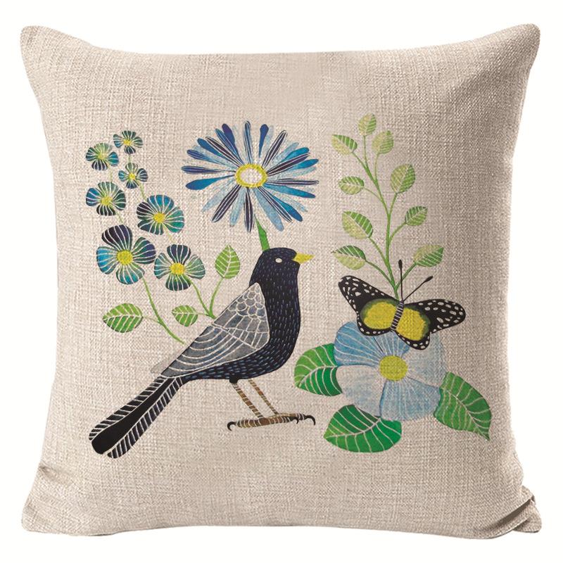 Village Style Rural Flower And Bird Sofa Pillow Cover Linen Spring Cushion Cover Car Waist Backrest Cover