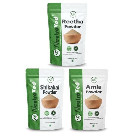 

NeutraVed Amla, Reetha, Shikakai Powder For Hair Care For All Hair Type 300g | 100% Natural Organic Aritha/ Ritha, Amla | 100g each
