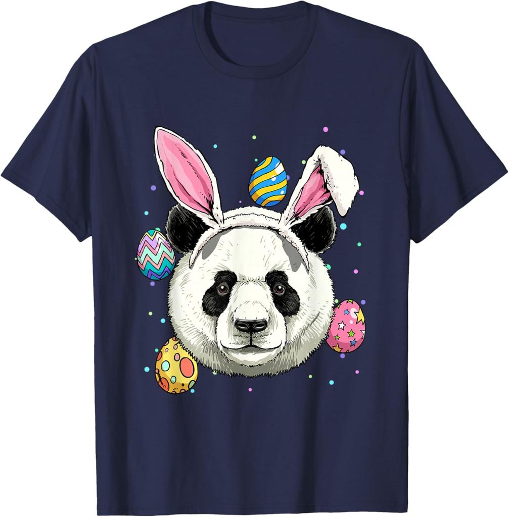 Panda Easter Bunny Ears Eggs Graphic Print Cotton Round Neck T-Shirt Casual Trip Tee
