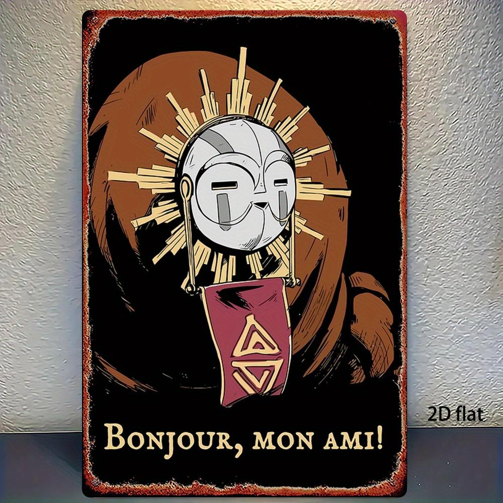 

HD Tin Sign Bonjour Mon Ami Anime Mask Vintage Metal Poster Retro Wall Art for Game Room Man Cave Decor 20x30cm（7.8x11.8inch）