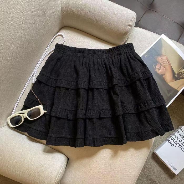 Autumn/Winter 2025 Korean Style Corduroy Skirt: High Waist, Sweet Ruffles, Pleated Double Layer, Fluffy Short Skirt.