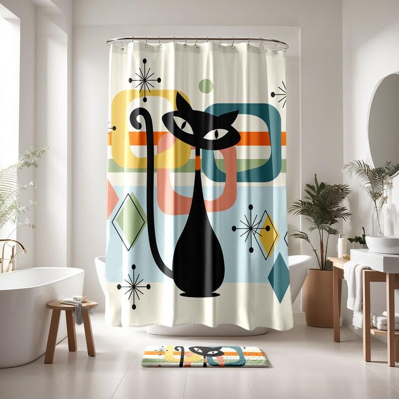 Mid-Century Modern Atomic Cat Shower Curtain - Light Beige Design, Unique Wedding & Housewarming Gift