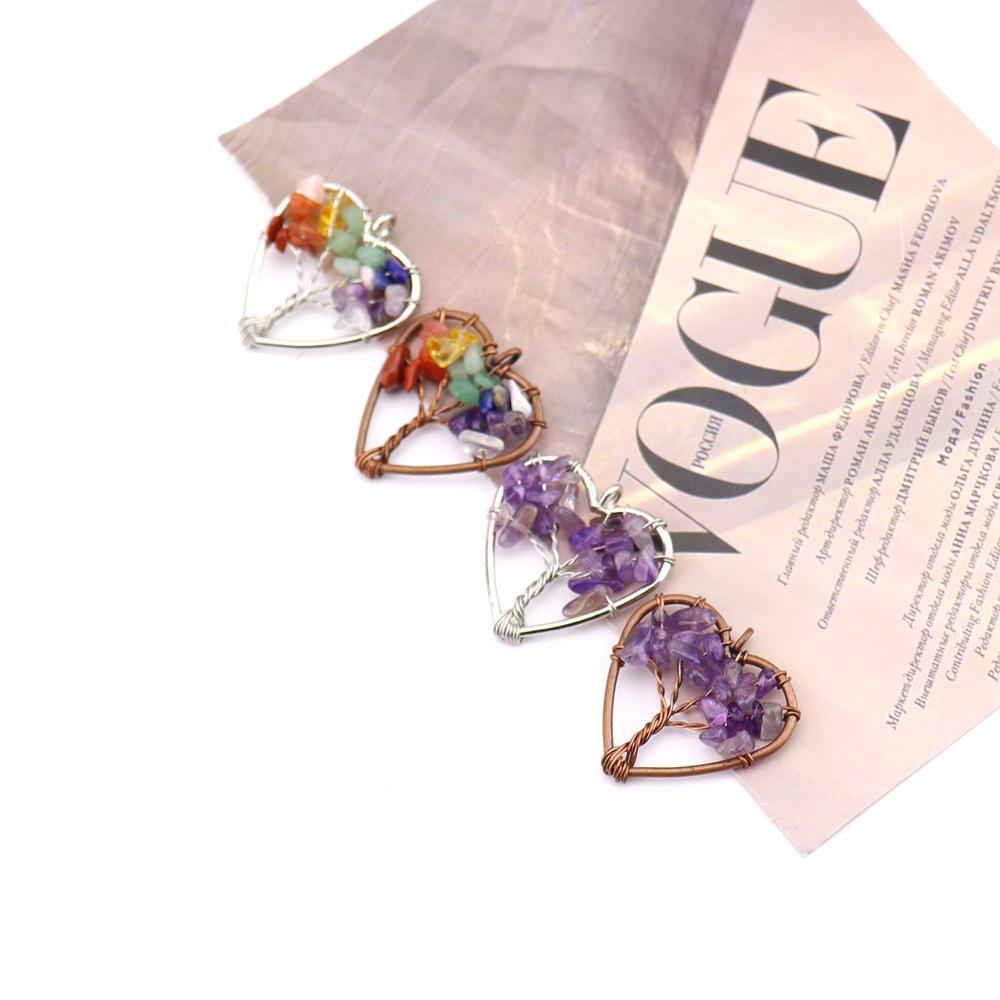 Seven-Color Natural Crystal Tree of Life Heart Pendant Necklace N743