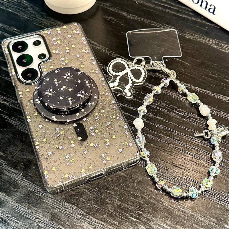 Koreanische minimalistische Glitzerblumen-Magnet-Handyhülle für Samsung S25 Ultra/S24 Plus