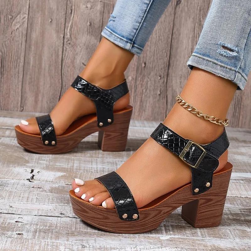 Women's Fashion Chunky Sandals Summer New Round Head Open-toe Line with Waterproof Platform Anti-slip Wear-resistant High Heels
