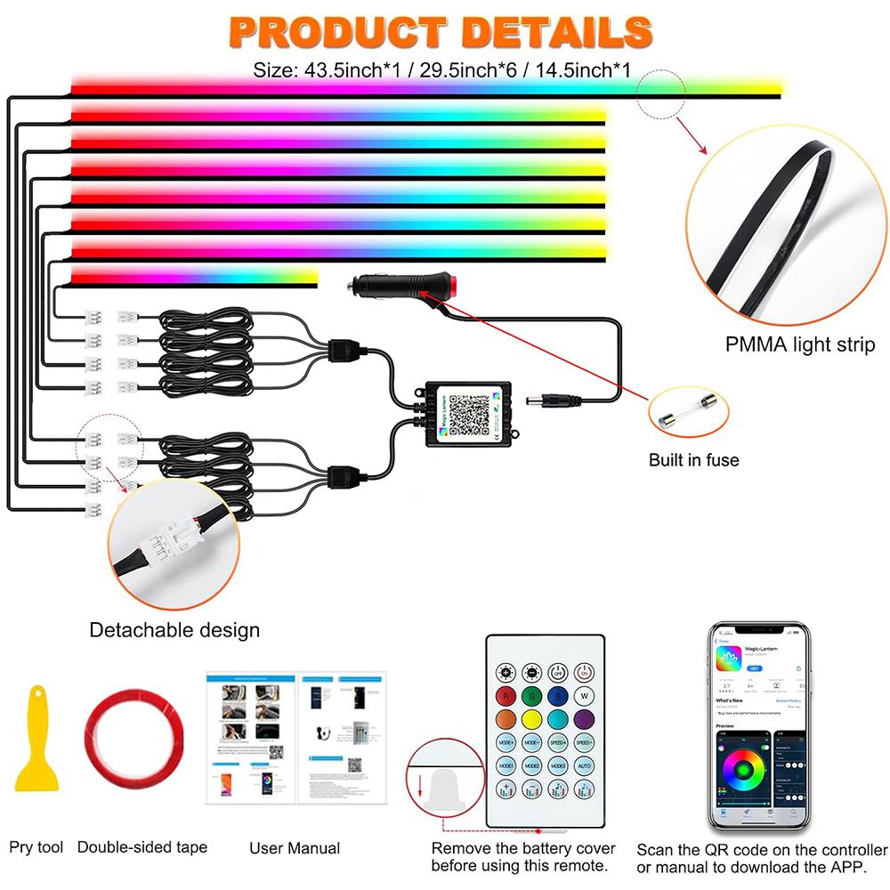 Dreamcolor Akryl Interiør Bil LED Strip Lys med APP 18 i 1 Neon Fiberoptiske Stripelys for Bil Ambient Lyssett
