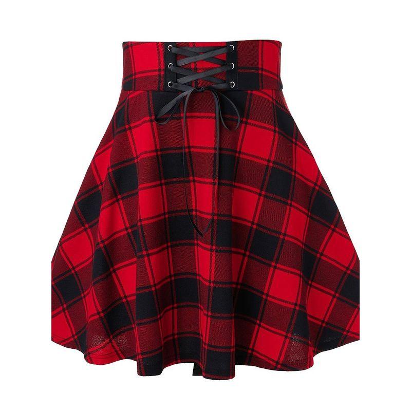 Checked Lace Up Slim a-Line Skirt Plaid Lace Up Slim Fit A- Line Skirt