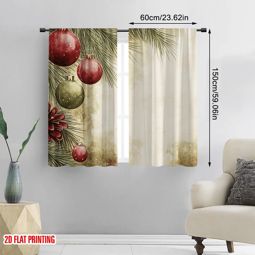 2 Stück, 2D-Flachdruck Vorhangstoff Weihnachtskugeln Kiefernzweige (3) Vielseitiges Polyester (ohne Stange) Perfekt für alle Jahreszeiten